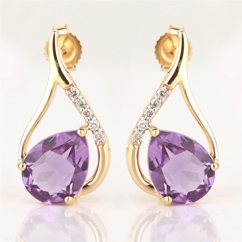 9ct Yellow Gold Natural Amethyst & Diamond Earrings