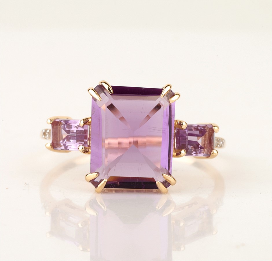 9ct Yellow Gold Natural Amethyst & Diamond Ring