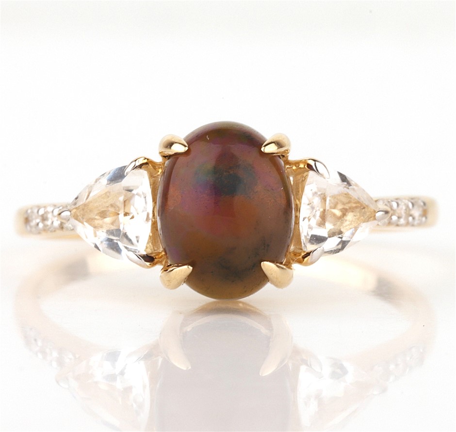 9ct Yellow Gold Natural Black Opal & Diamond Ring
