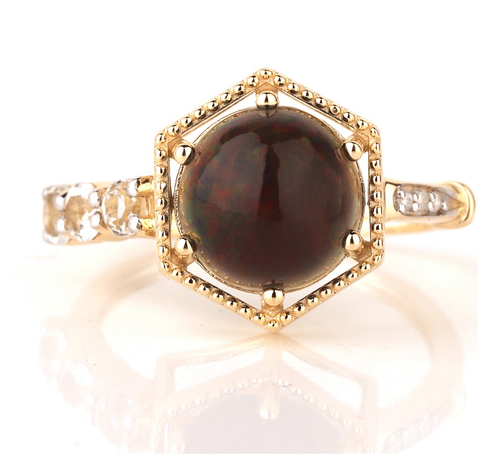 9ct Yellow Gold Natural Black Opal / Natural White Topaz & Diamond Ring