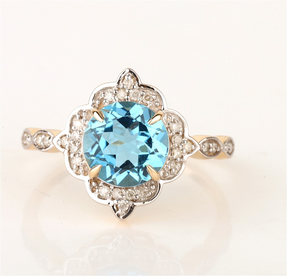 9ct Yellow Gold Natural Swiss Blue Topaz & Diamond Ring