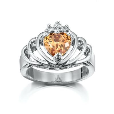Stunning Rhodium Plated Champagne Crown Heart Ring - US Size 6