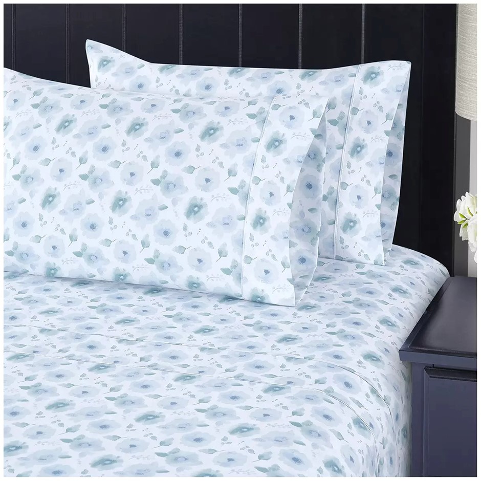 SOUTH POINT Sheet Set, Size King, Watery Floral. NB: Bed and Flatted Sheet