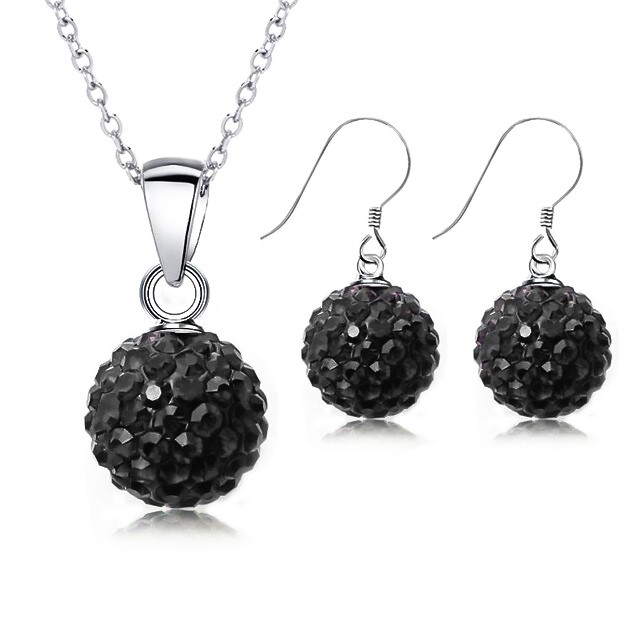 925 Sterling Silver Black Crystal Disco Ball Earring & Necklace Set