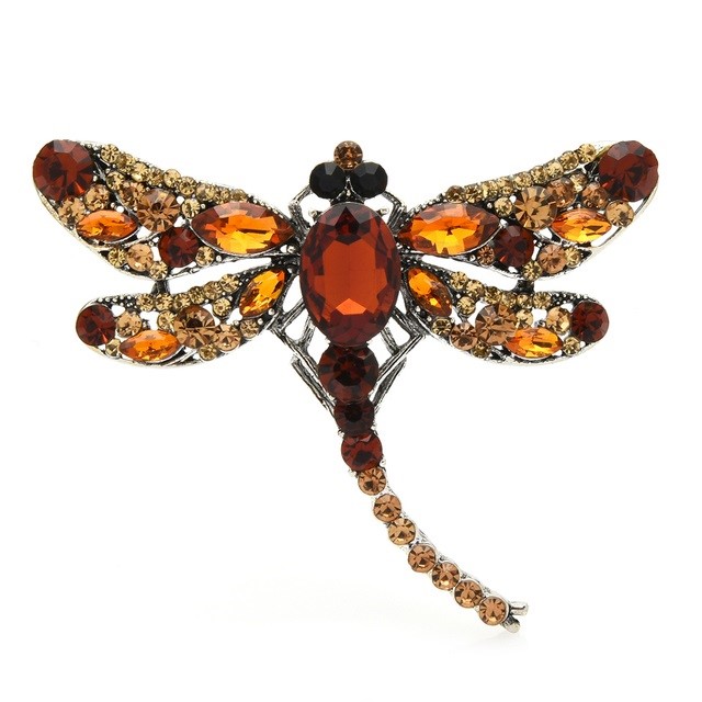 Designer Simulated Diamond Brown & Black Classic Dragonfly Brooch Pin