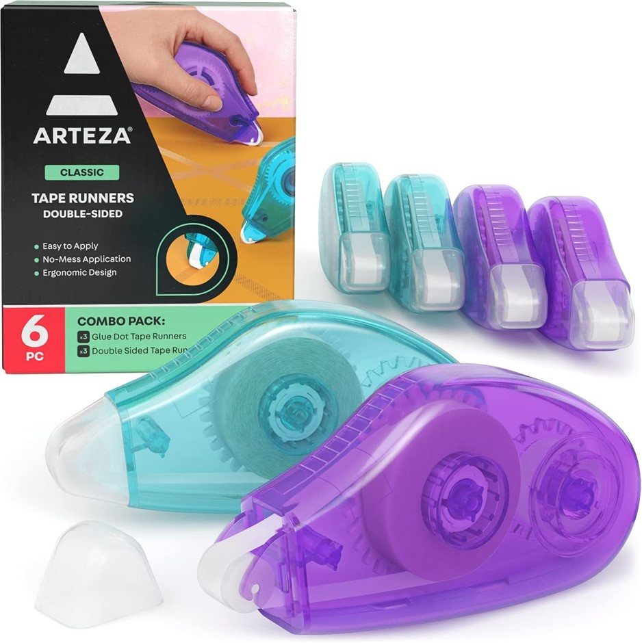 Arteza Double-Sided Tape Runner, Pack of 6, 0.31 Inches x 22 Feet, 3 Glue-D