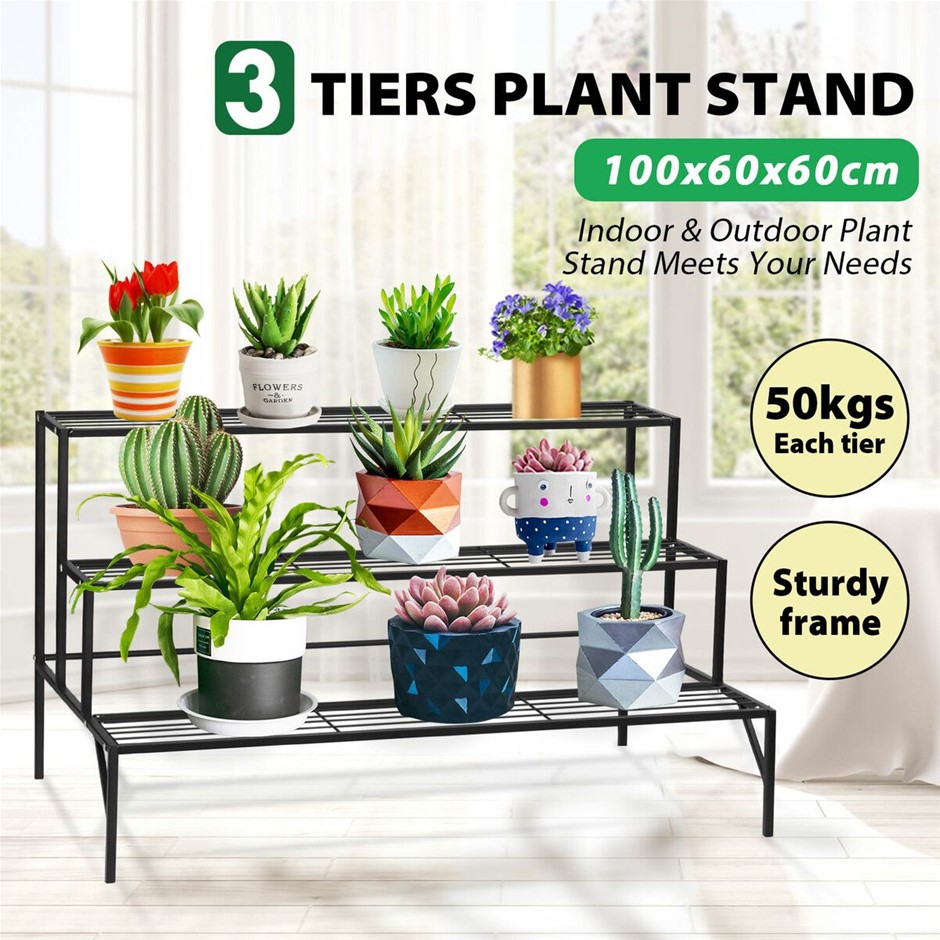3 Tier Metal Plant Stand Flower Shelf Indoor Outdoor Black