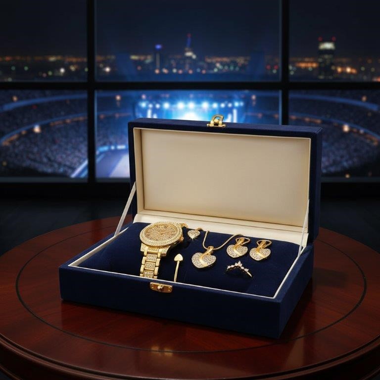 6-Piece Jewellery Set white Stones(Gift Box Included)-18k Yellow Gold