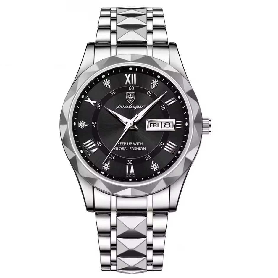 Luxury Men's Quartz Watch Date Week with Stainless Steel Strap,Silver/Black