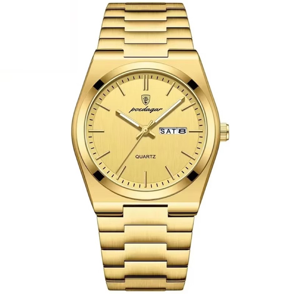 Luxury Quartz Watch Men, Calendar with Stainless Steel Strap, Gold
