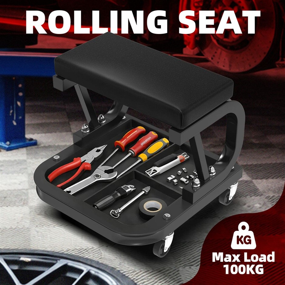 Rolling Steel Mechanic Work Stool with Padded Seat & Tool Tray 360° Swivel