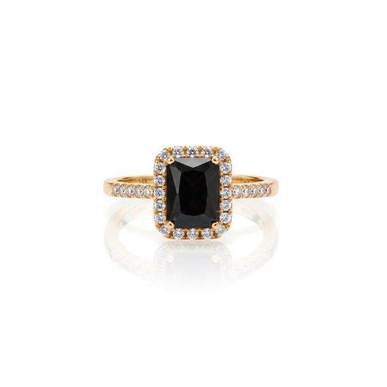 14K/Italy 2.0ct black Emerald Cut Yellow Gold RingWarranty Quality-7US