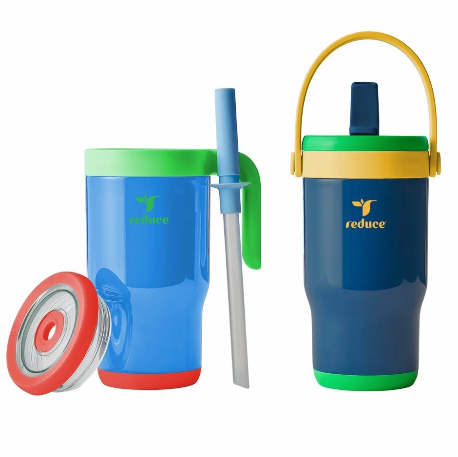 REDUCE Kids Chiller Go Insulated Cups, 414ml, Blue & Green. N.B: 1 x straw