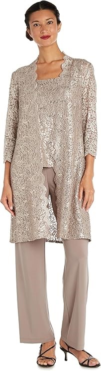 3pcs x R&M Women's Top & Pant Set with Sheer Lace Jacket, Size 14, Champagn