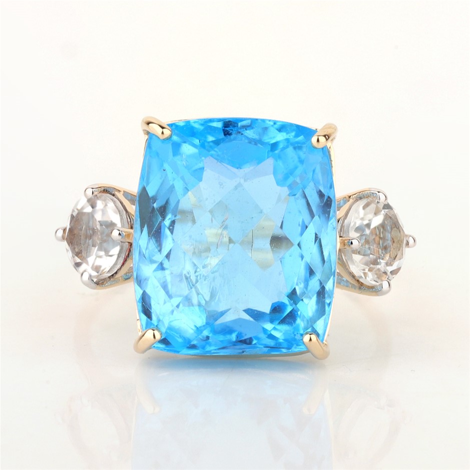 9ct Yellow Gold Natural Swiss Blue Topaz / Natural White Topaz Ring