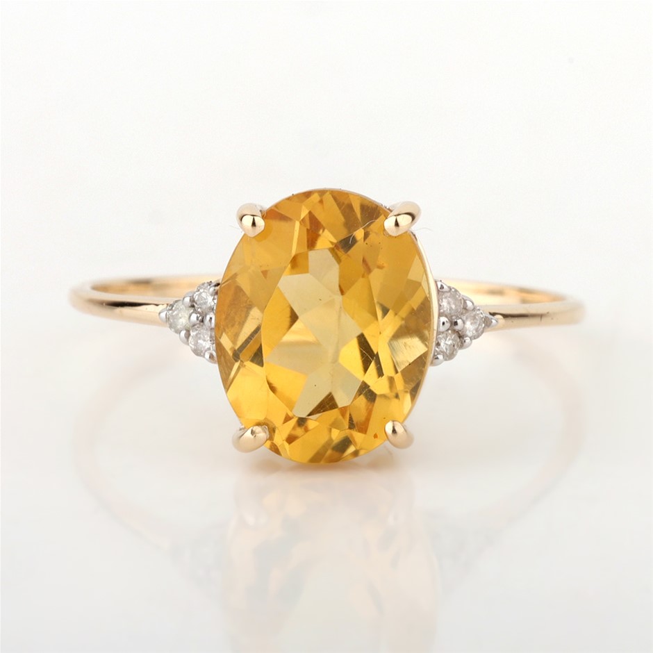 9ct Yellow Gold Natural Citrine & Diamond Ring