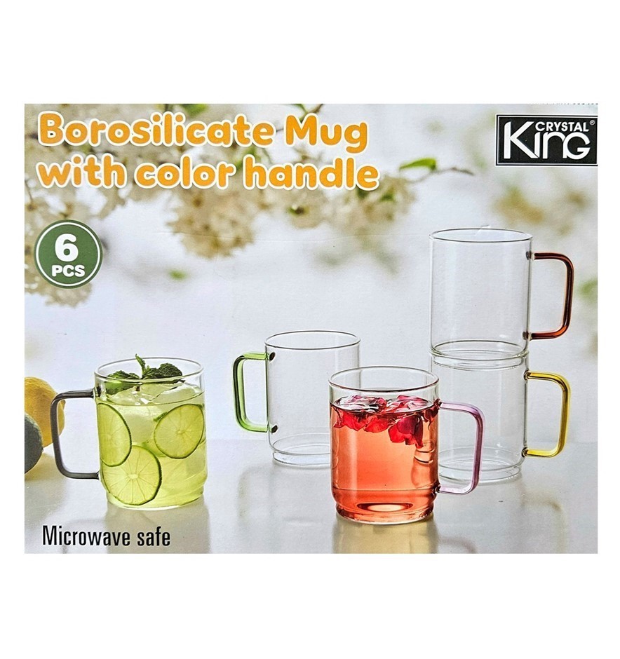 Box of 6pc CRYSTAL KING Borosilicate Mug w/ Colour Handle.
