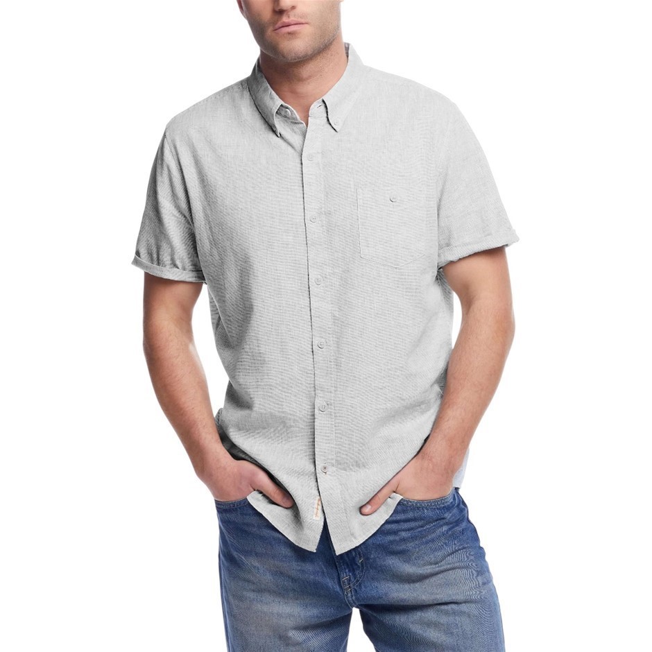 WEATHERPROOF Men's Linen S/S Shirt, Size L, 55%Linen/45%Cotton, Grey. Buye