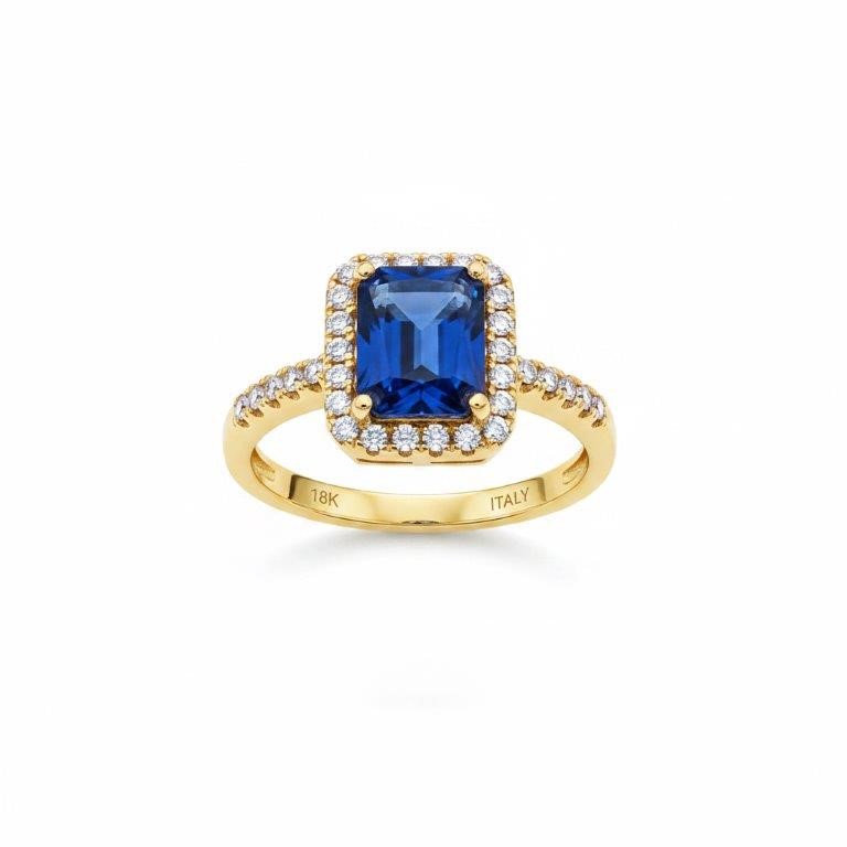 18K/Italy 2.5ct Blue Emerald Cut Yellow Gold Filled Ring(stamped)-9US