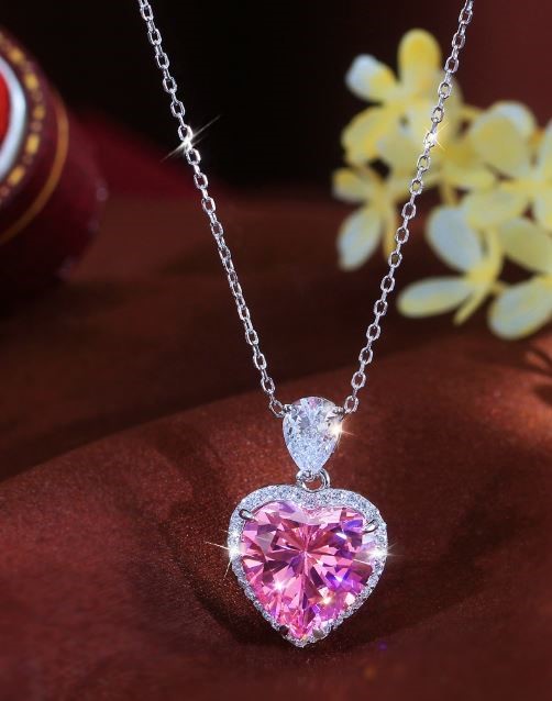 925 Sterling Silver Pink stones Heart Cut Necklace-Simulated Diamonds