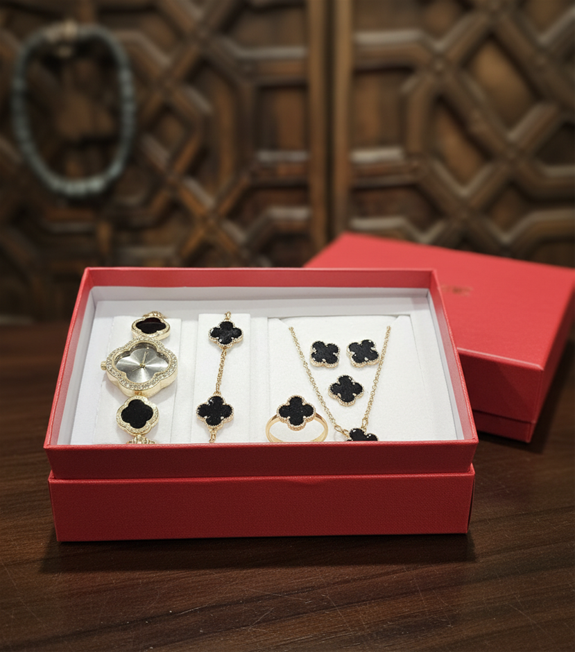 6-Piece Jewellery Set white Stones(Gift Box)-in 18k Yellow Gold Plated