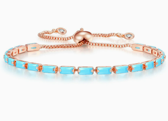 925 Sterling Silver Tennis Bracelet Emerald Cut Turquoise Blue Diamonds