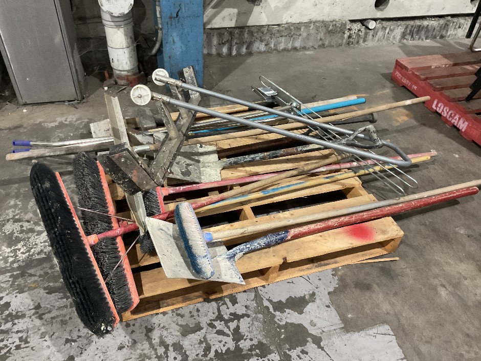 Pallet Of Assorted Shovels, Brooms & Other Hand Tools