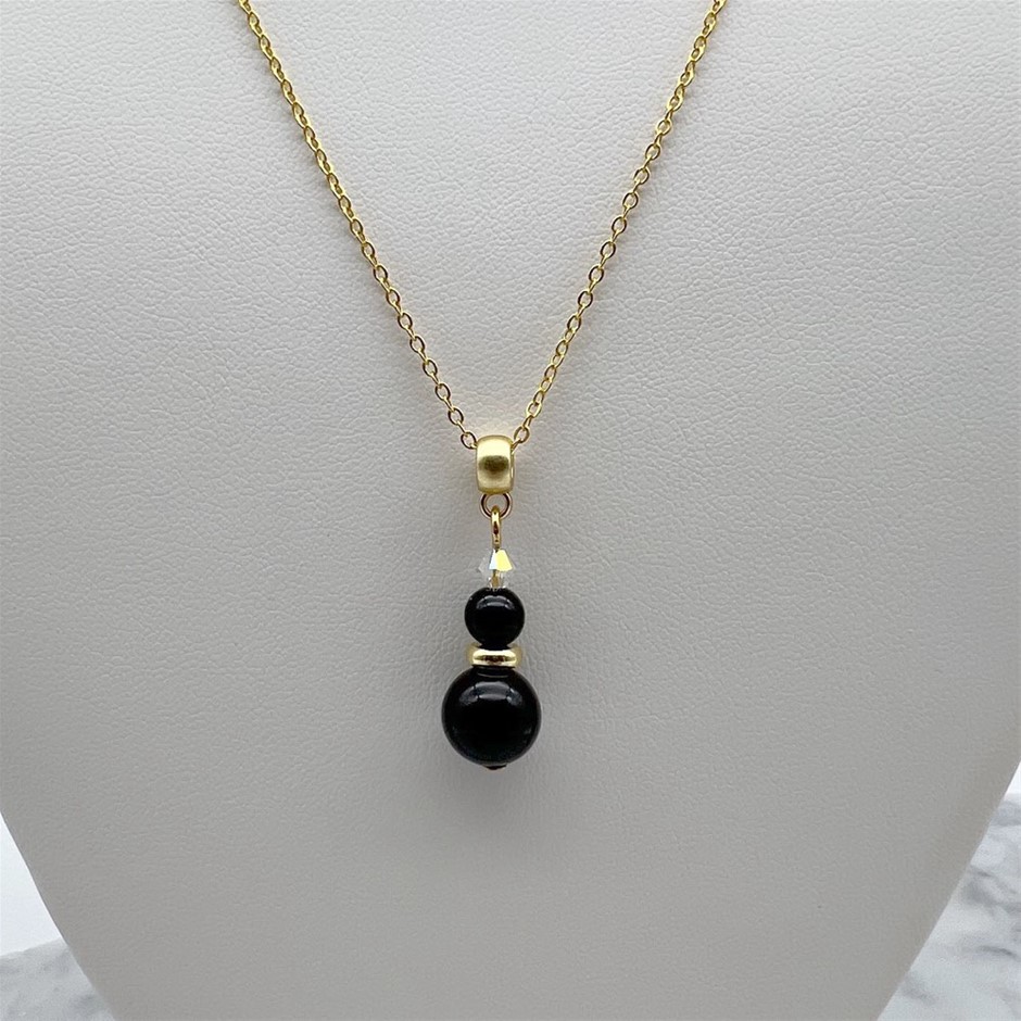 Black Agate & Swarovski Austrian Crystal Gold Plated Pendant Necklace