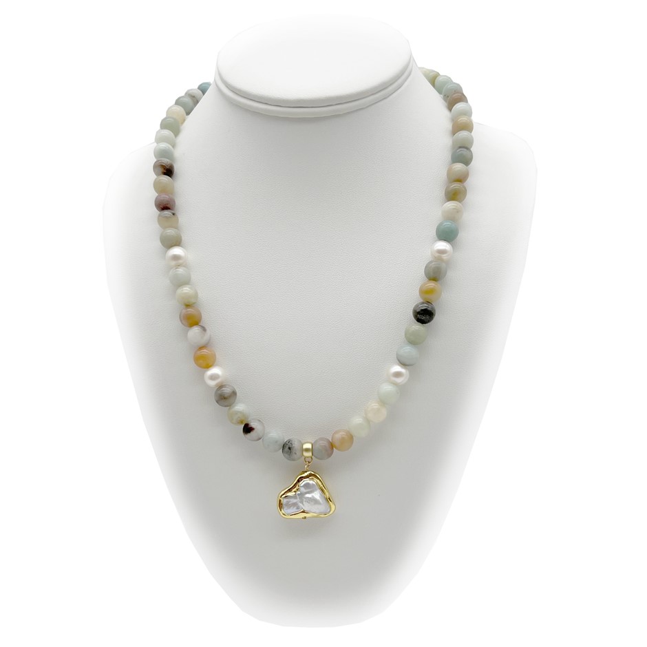 8mm Amazonite, Baroque Pearl Pearl Pendant Charm Necklace.