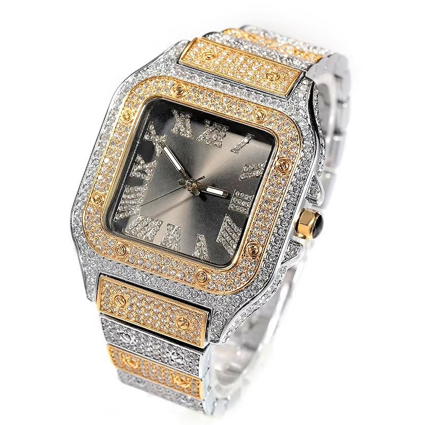 Men's Two-Tone Blinged-Out Hip Hop Watch