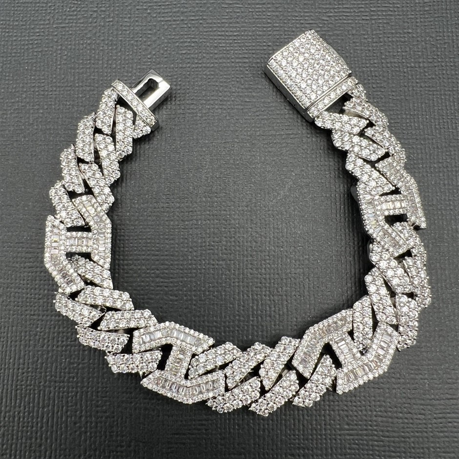 18K White Gold-Filled Cuban Bracelet, AAA+ Cubic Zirconia's- 20.3cm