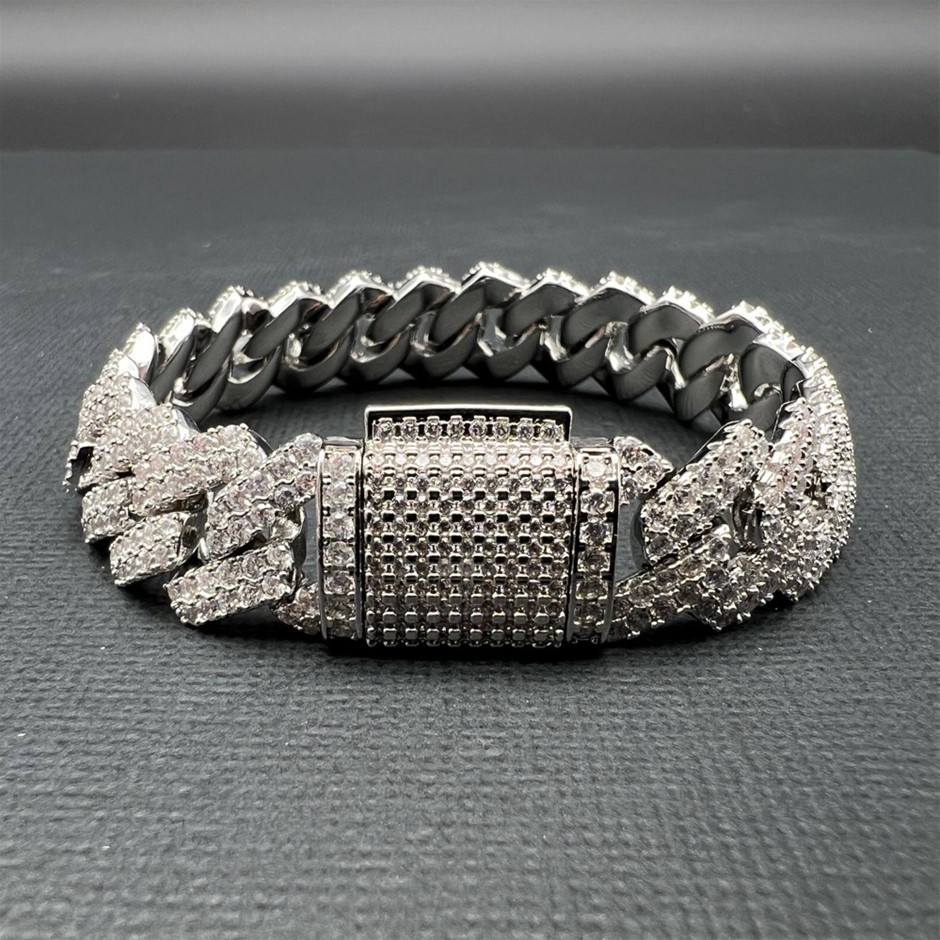 18K White-Filled Cuban Chain Bracelet , AAA+ Cubic Zirconia's - 20.3cm