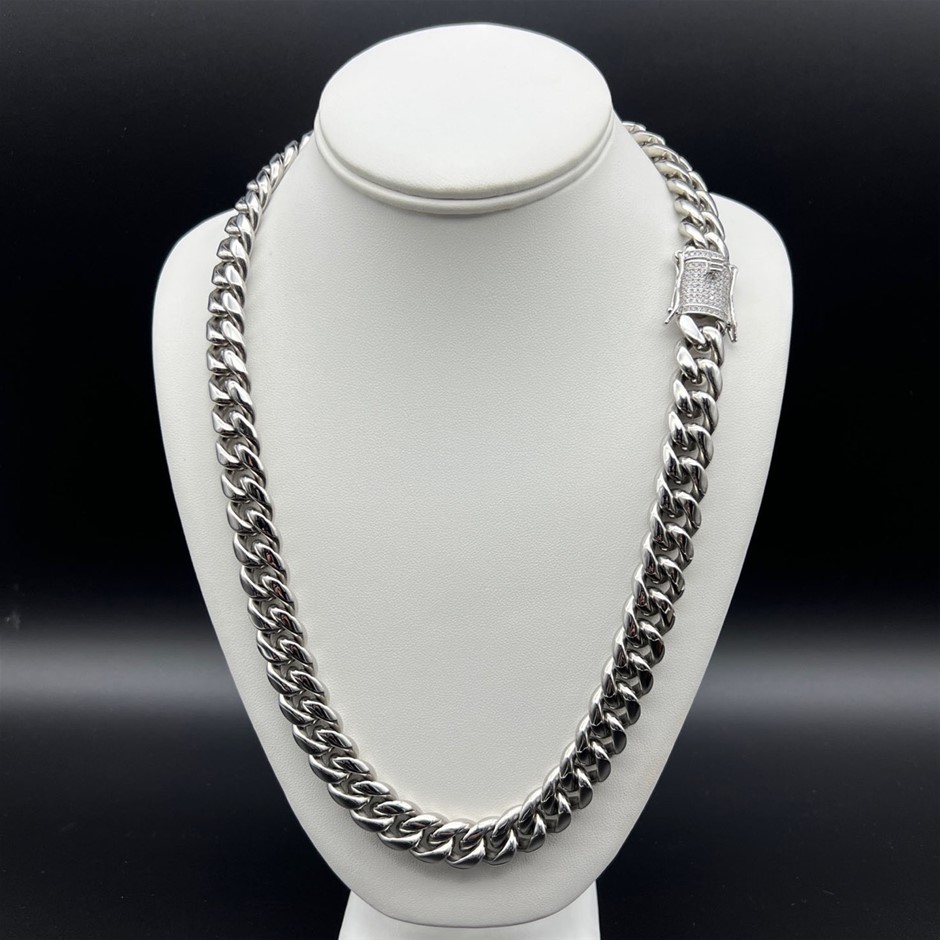 Silver-Filled Cuban Necklace Simulated Diamond Clasp, 14MM - 60.9cm
