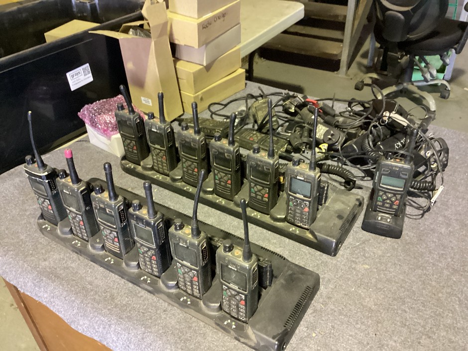Box of Two Way Radios, Bases and Battery's