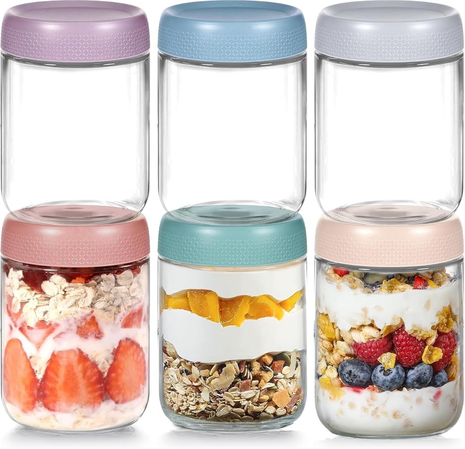 Mumoo Bear 6-pack 16 oz 480ml Overnight Oats Containers with Lids, Glass ja