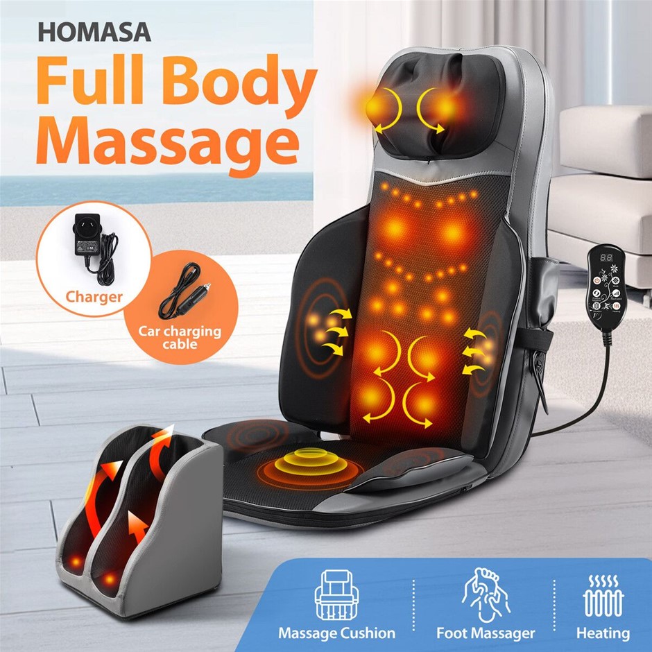 FullBody Massage Cushion Back Neck Heat Foot Massager Chair Pad Remote Gray