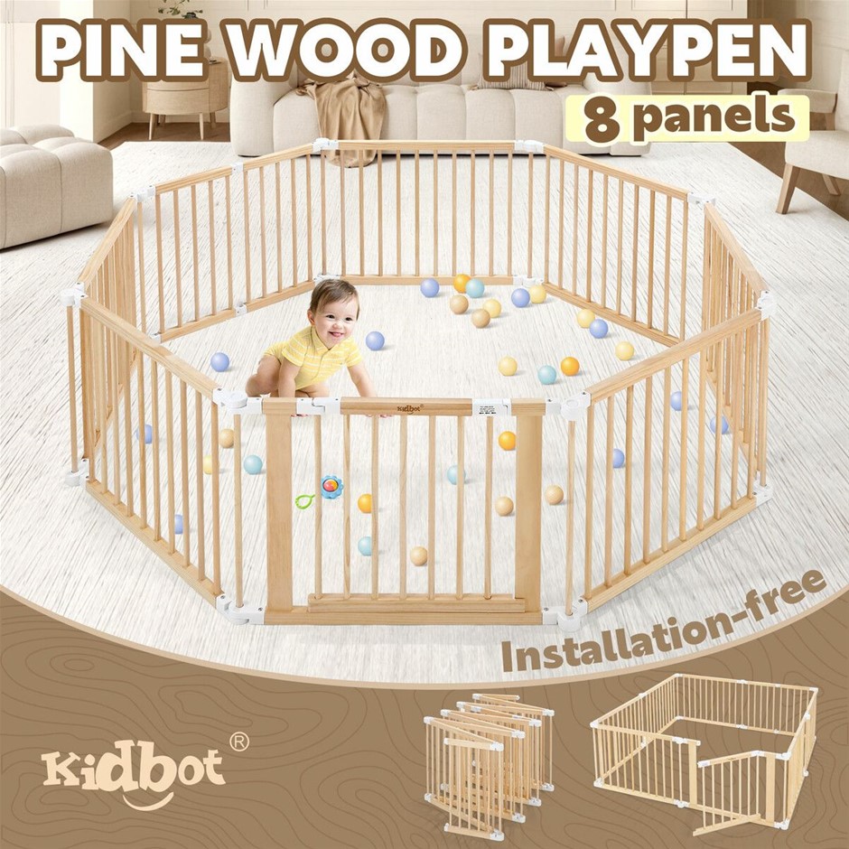 Kidbot 8 Panel Wooden Baby Playpen Safety Gate Foldable Natural