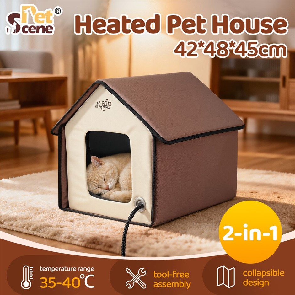 Foldable Heated Pet House Outdoor Insulated Pet Shelter Brown Portable