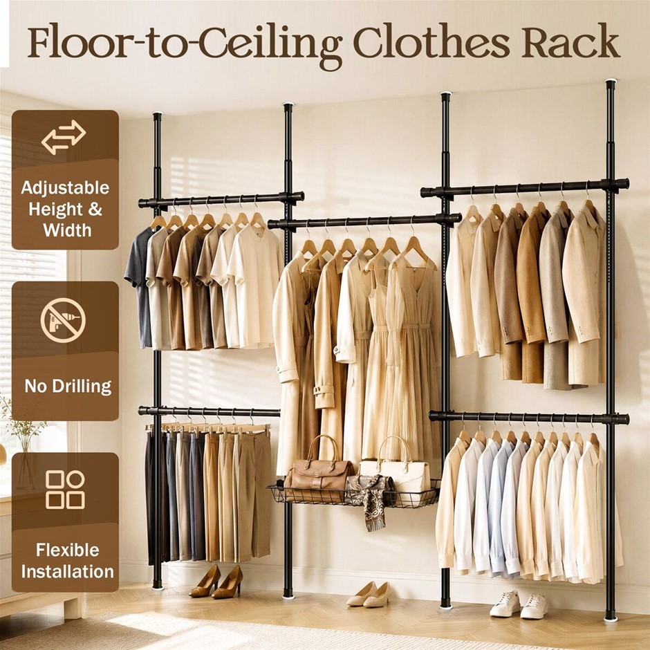 Floor to Ceiling Garment Rack No Drill Adjustable Wardrobe Organizer 5 Bars