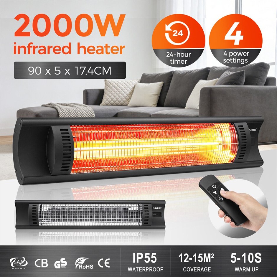Maxkon 2000W Carbon Fibre Infrared Heater Wall Ceiling IP55 Remote