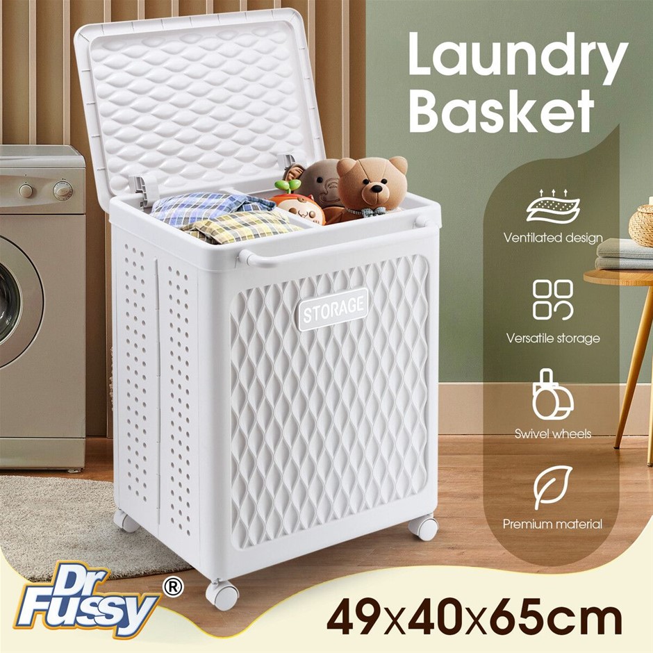 100L Double Laundry Hamper Foldable 2 Section Rolling Basket