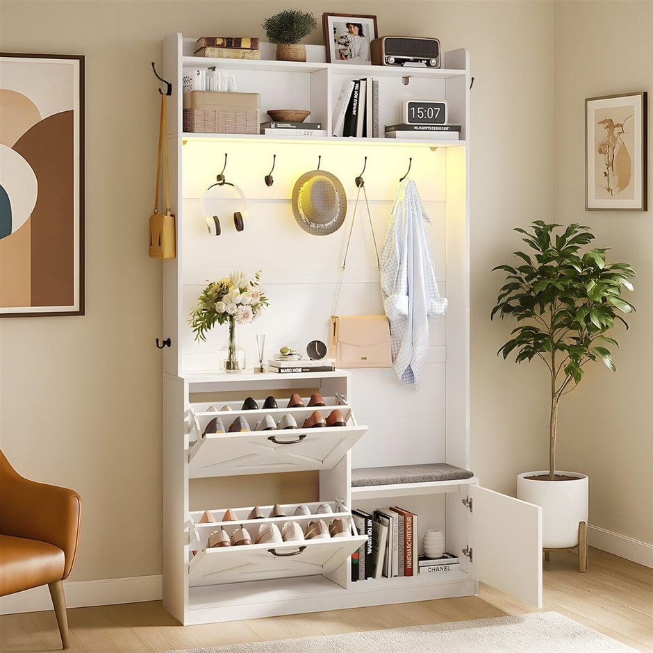 LED Hall Tree Coat Rack Shoe Cabinet Unit Storage Bench 110x25x196cm