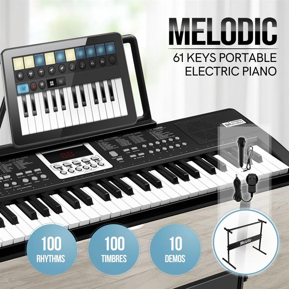 61 Key Electronic Keyboard Piano Adjustable Stand Microphone Power Adapter