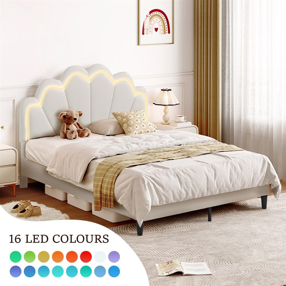 Double LED Bed Frame Upholstered PU Bedhead Metal Platform White