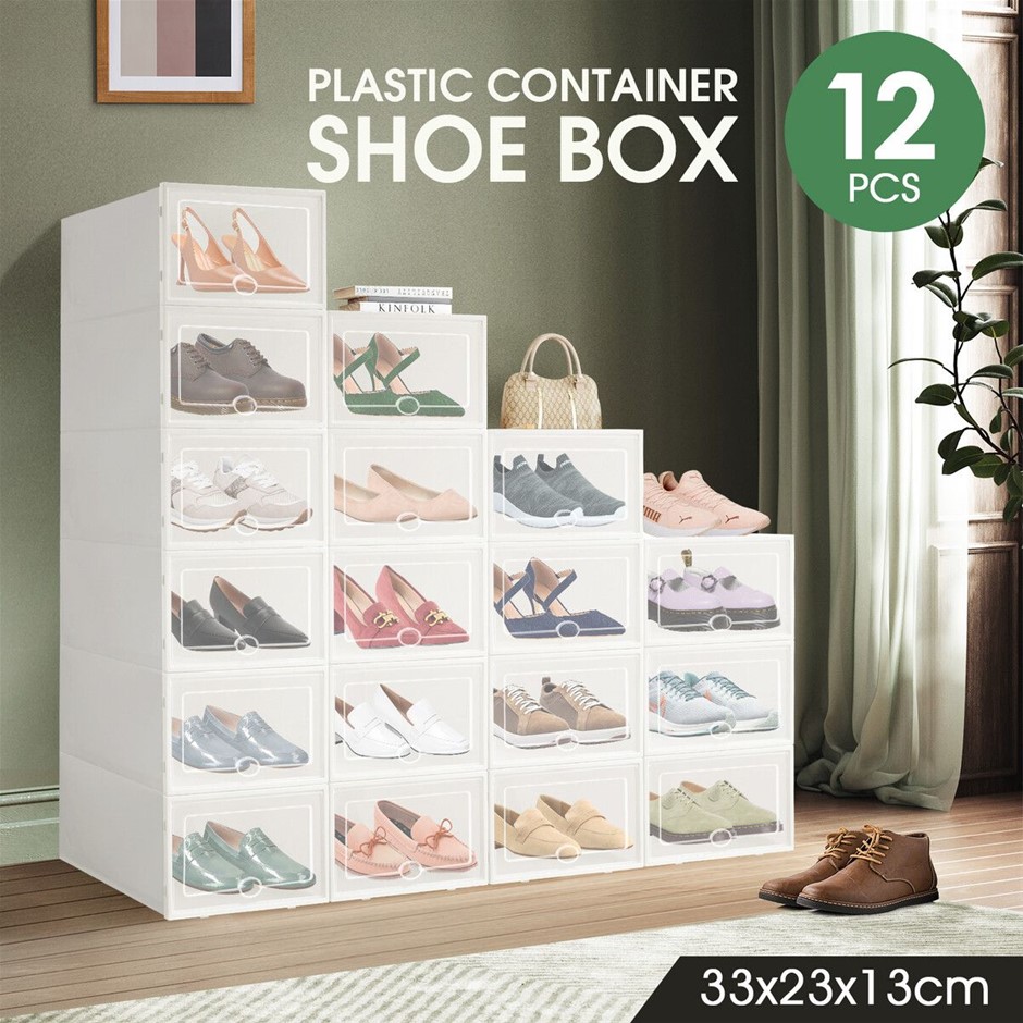 12pcs Stackable Shoe Storage Boxes Clear Door Sneaker Display White
