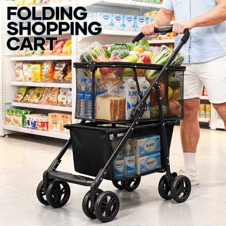 2 Tier Foldable Shopping Trolley Rolling Grocery Cart Collapsible