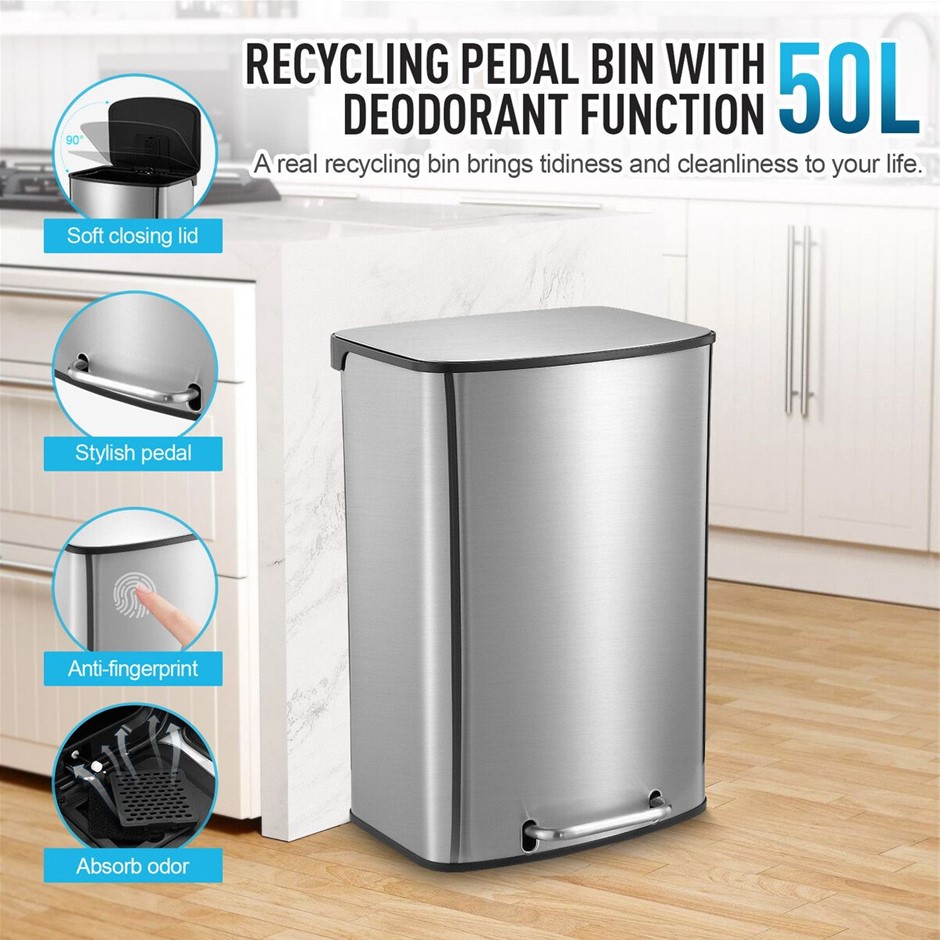 50L Pedal Rubbish Bin Soft Close Stainless Steel Rectangular