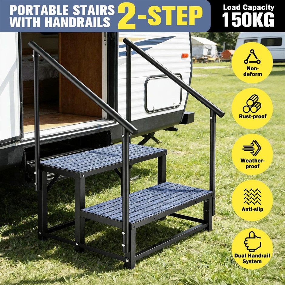 2 Step Caravan Stairs Handrail RV Trailer Steps 150kg Carbon Steel