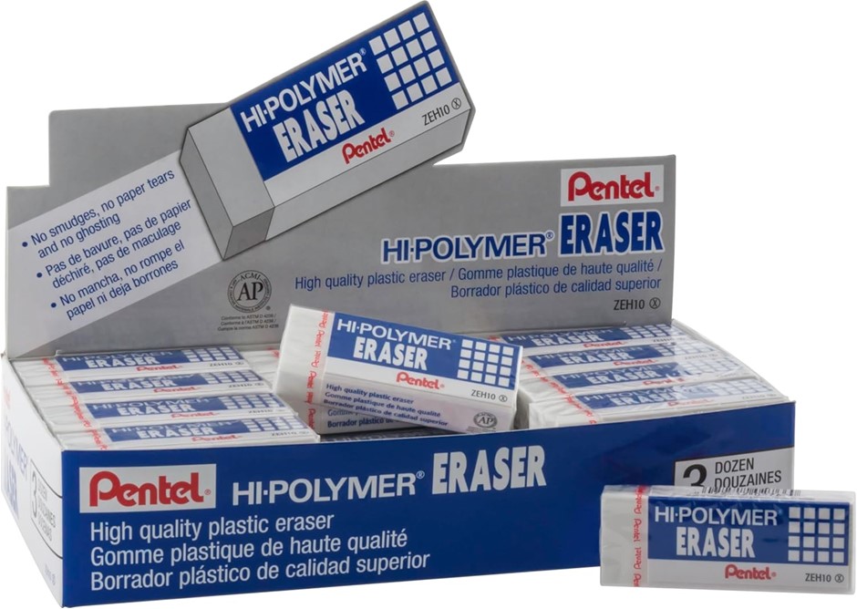Pentel Hi-Polymer Block Eraser, Large, White, 36 pack (ZEH-10)