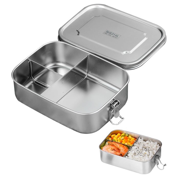 Stainless Steel Bento Lunch Box 800ML, 3-Compartment Metal Lunch Box for Ki